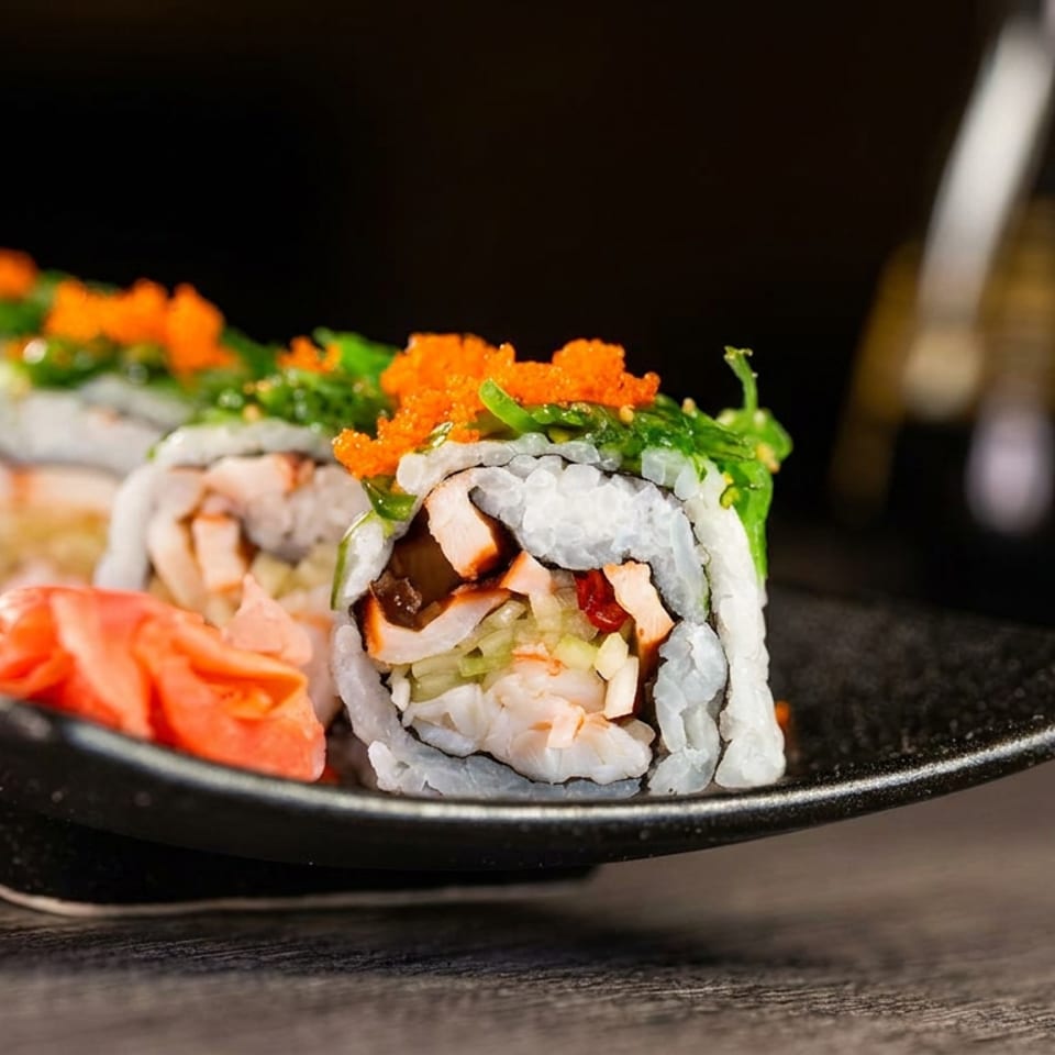 Sushi rolls with orange tobiko, green seaweed, and pickled ginger on a black plate.
