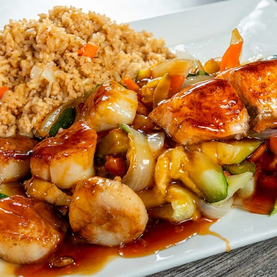 Hibachi scallops, salmon, and vegetables with fried rice on a white rectangular plate.