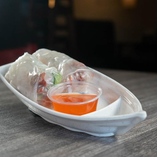 Two fresh spring rolls with a side of orange dipping sauce in a boat-shaped dish.
